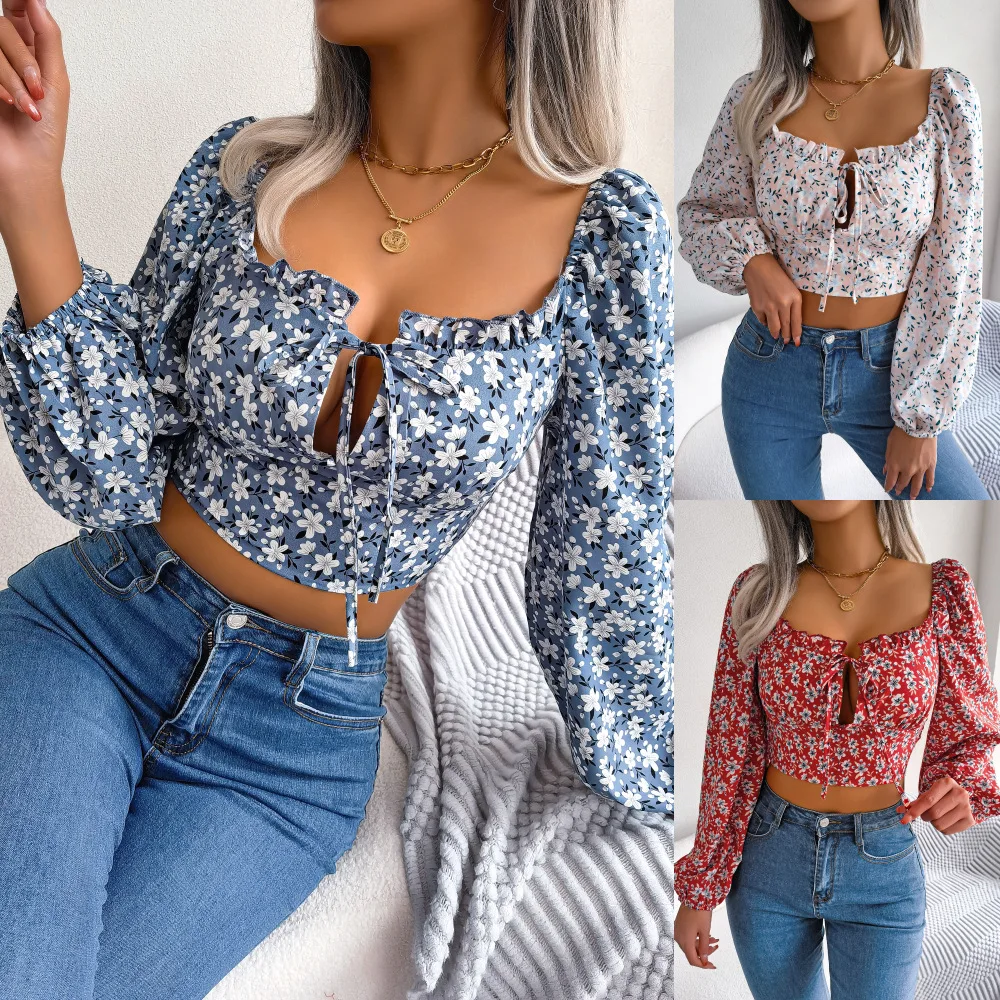 

Women Sexy Casual Floral Print Lace Up Long Sleeve Crop Top Chiffon Blouse Club wear Streetwear Blouses
