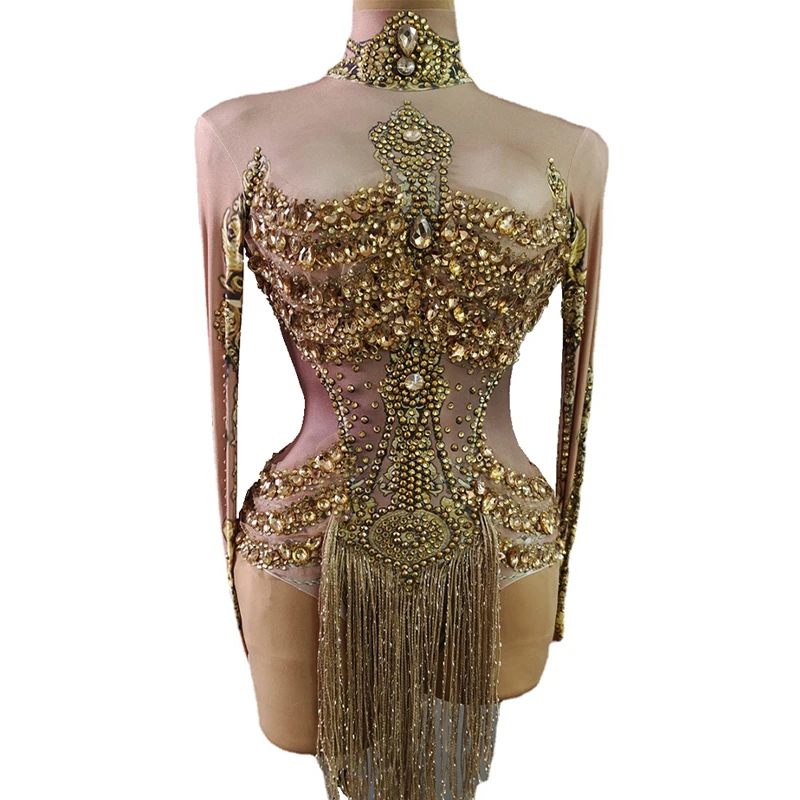 

Women Sexy Gold Sparkly Crystals Fringes Leotard Rhinestones Performance Dance Costume Stage Wear Club Outfit Tassel Bodysuit