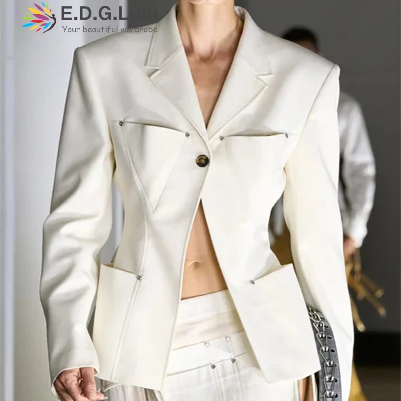 

Модный женский белый блейзер EDGLuLu с отложным воротником и длинными рукавами, пальто с несколькими карманами, коллекционная куртка 0627