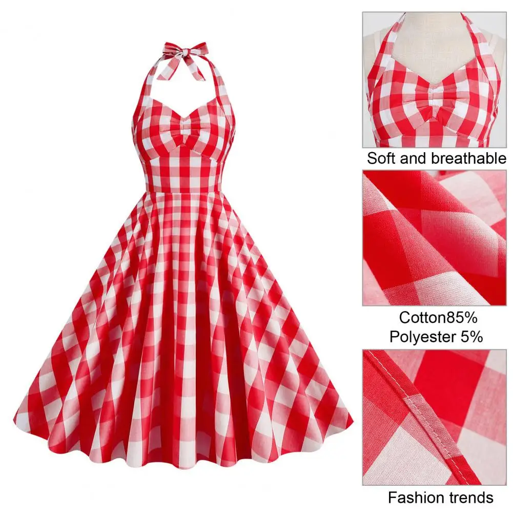 

Lace-up Bowknot Dress Vintage-inspired Pink Plaid Swing Dress with Lace-up Bowknot Detail Retro A-line Cocktail Party for Women