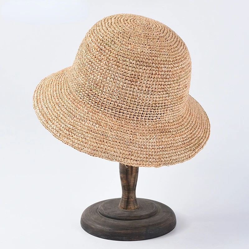 Natural Raffia Bucket Hat for Women Handmade Crochet Straw Hat Ladies Spring Summer Designer Beach Sun Hat Floppy Fisherman Cap 1