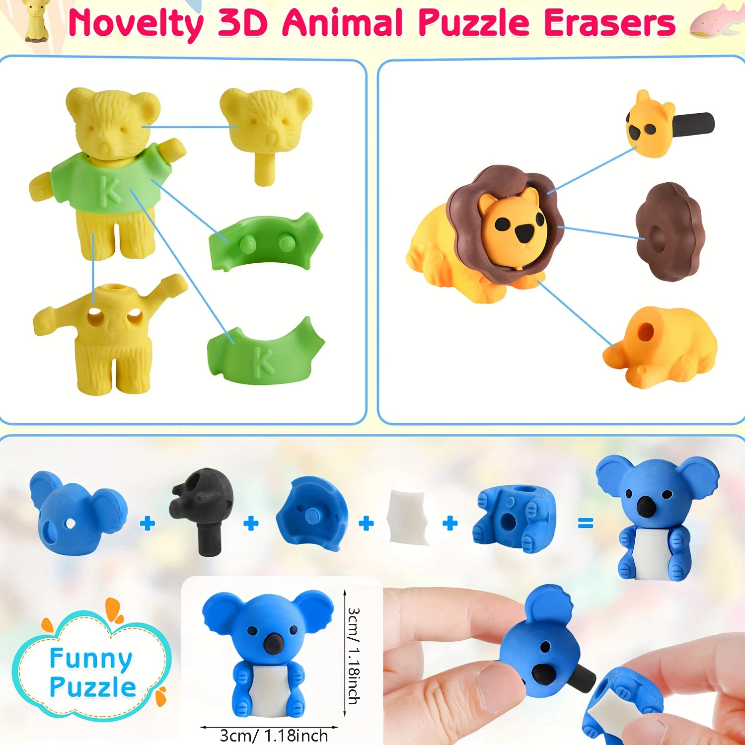 30 Random Cute Animal Erasers, Colorful Mini Erasers, Student Desktop Stationery Supplies, Party Gifts, School Gift Supplies - 6