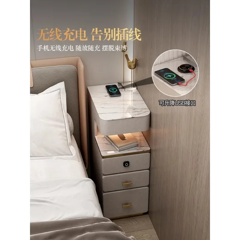 

Light luxury bedroom smart bedside table small simple modern mini sandwich seam narrow side with fingerprint lock wireless charg