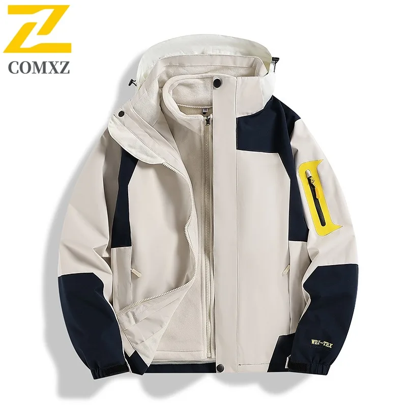 COMXZ 3 in 1 Outerwear Windproof Warm Removable Hood Outdoor Gym Jogger Coat 2025 Running High Quality Men's Windbreaker Jacket