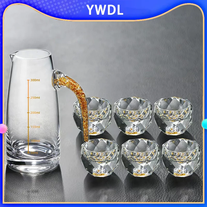 YWDL 1/2/4/6pcs 300ml Liquor Dispenser Measuring Pot Wine Bottle Gold Foil lead-free Crystal Glass Sake 50ml Wine Cup