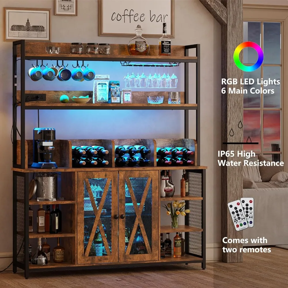 IRONCK Coffee Bar Cabinet with Power Outlet, Industrial Buffet Cabinet with LED Strip and Glass Holder, 3-Tiers Liquor