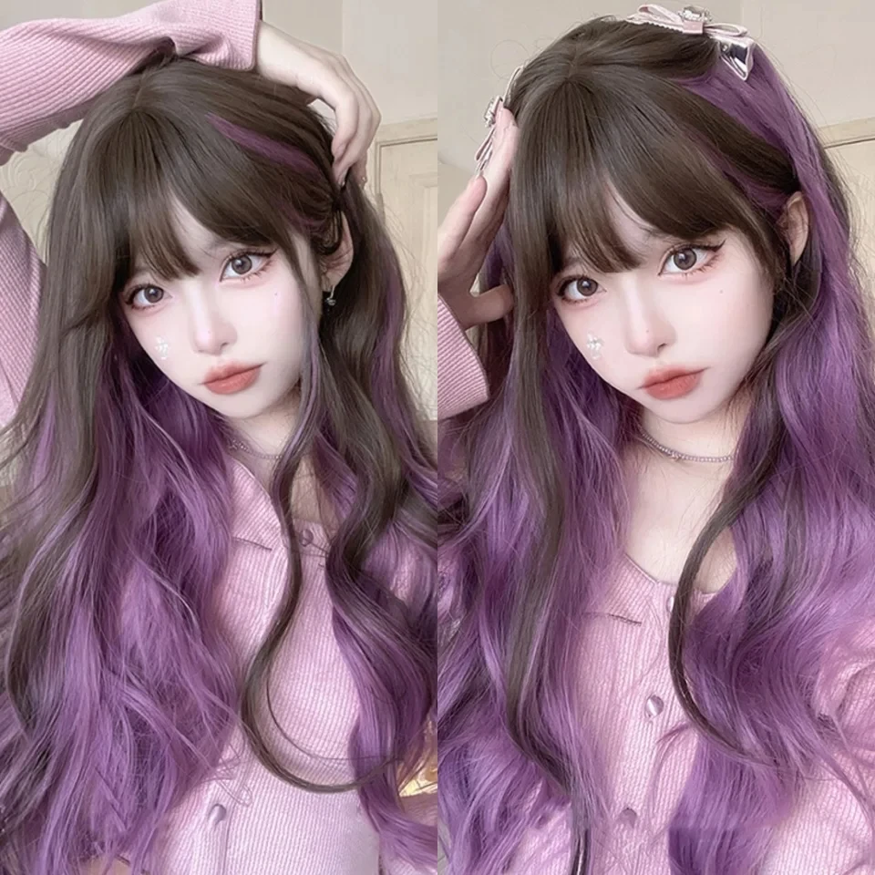 OLACARE Synthetic Brown Black Long Water Wave Hair Lolita Wigs With Bangs Synthetic Wig For Women Fashion Thick Curls Wigs Girl