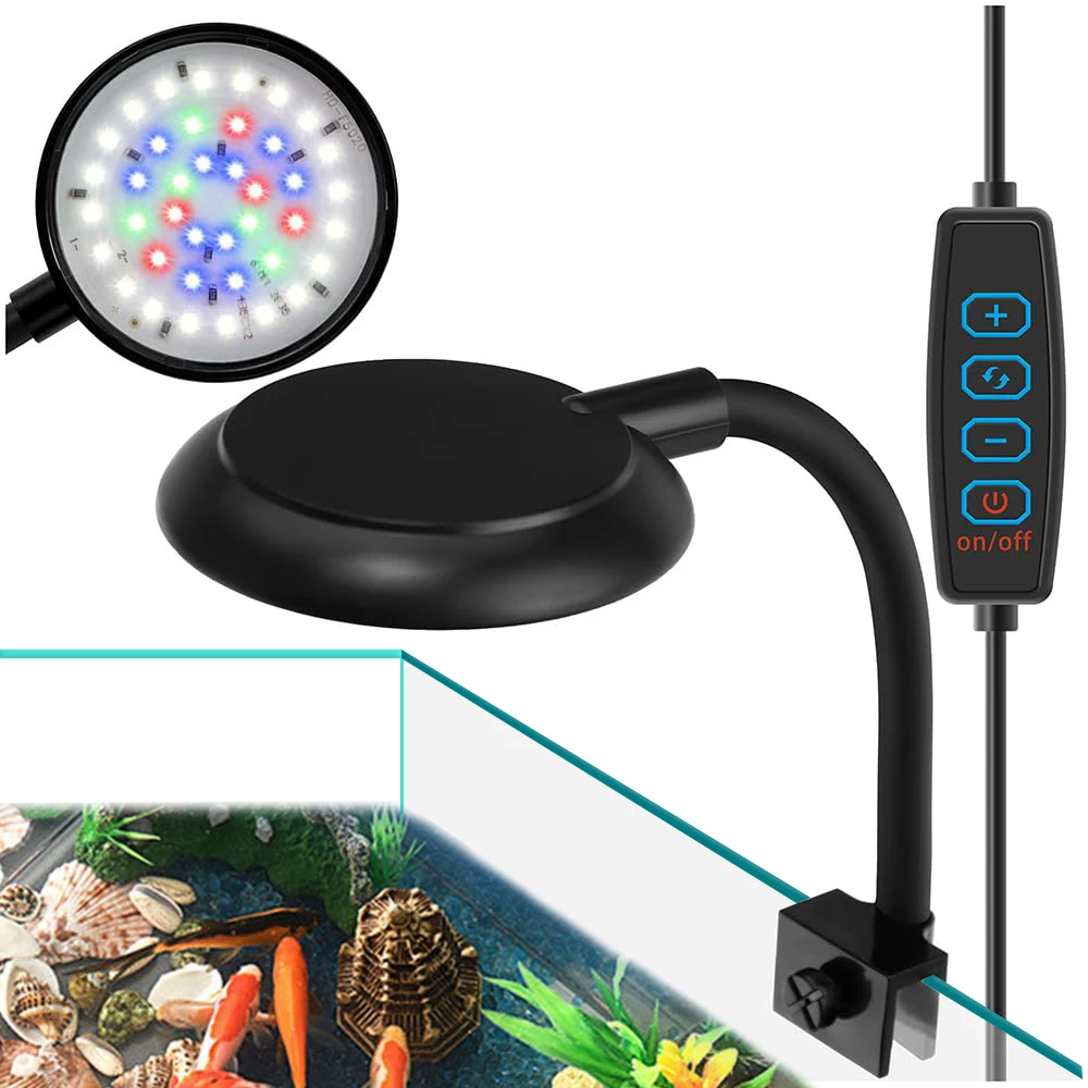LED Lamp Aquarium Light Aquarium Lamp Mini Clip On Aquarium Light 7W Dimmable Small Fish Tank Light USB Moving Lamp with White Red Blue Green LED for 3-5 Gallon Tanks