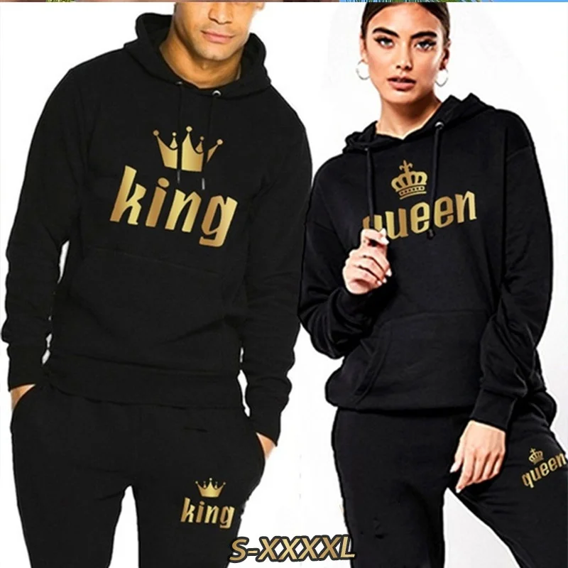 Fashion Couples Sweatshirt Sweatpant Set KING or QUEEN Printed Lover Hooded Suits Hoodie and Pants Streetwear Men Women Clothing
