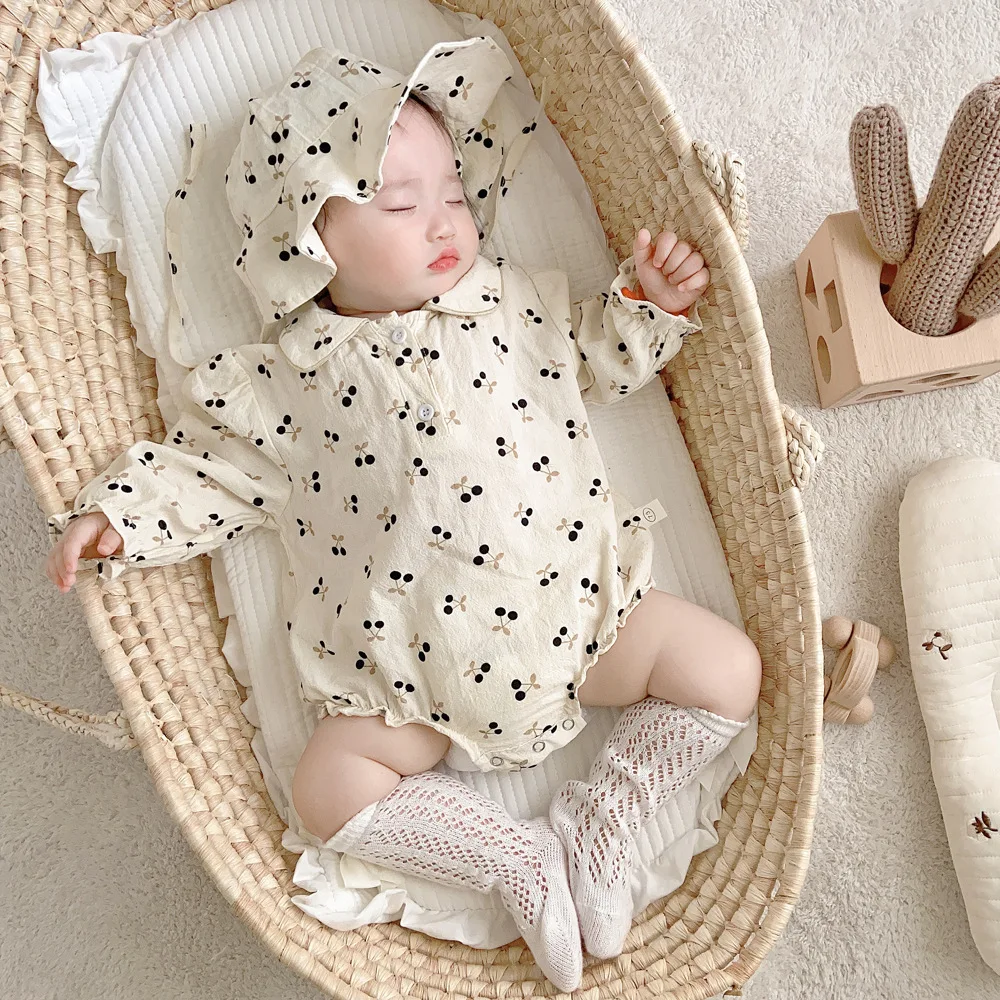 

0-2 Year Spring Autumn Newborn Girl Bodysuit Cherry Print Doll Collar Long Sleeve Baby Girl Jumpsuit Simple Infant Girl Overalls