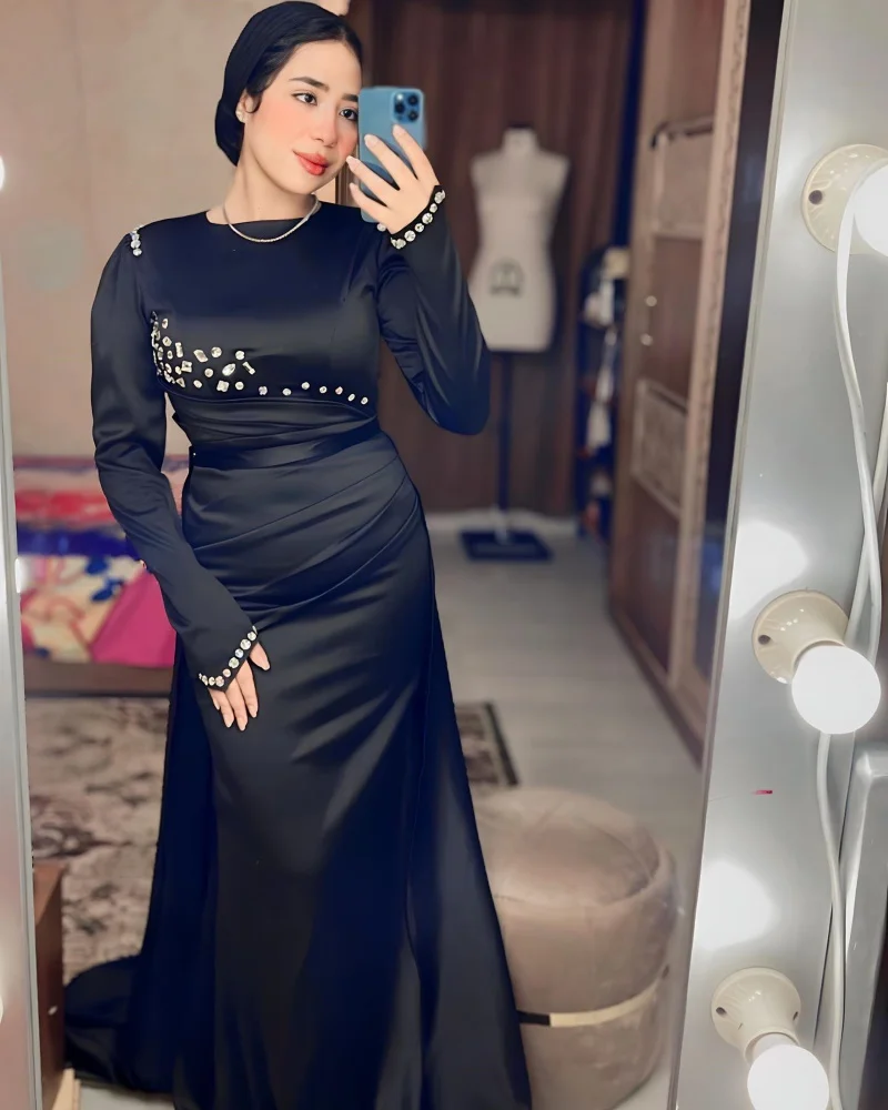 

Formal Evening Dress For Sexy Women 2024 Mermaid O-Neck Elegant Crystal Black Luxury Long Sleeve Cocktail Party Prom Gown