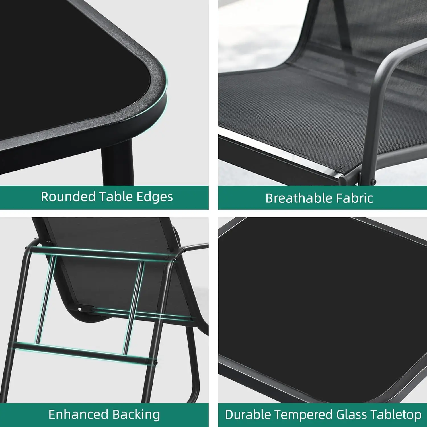 3 Piece Patio Set. Rocking Chairs. Glass Table. Textilene Fabric. Outdoor Set. Backyard, Garden, Balcony, Poolside. Black.