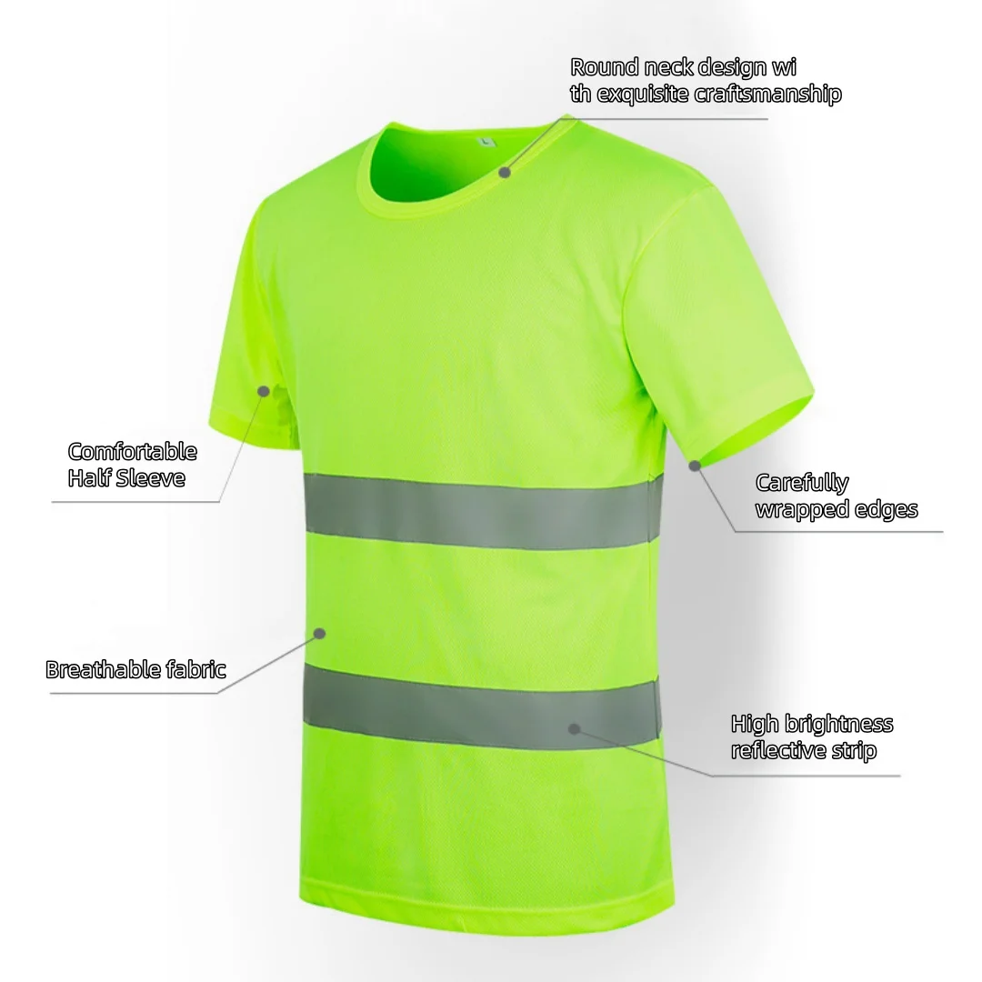 Round Neck Reflective Vest Collarless T-shirt Construction Site Fluorescent Short Sleeved T-shirt Cycling Outdoor Safety Suit reflective safety vest reflective safety jacket