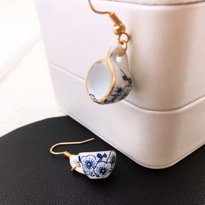 Modern Handmade Ceramic Cup Design Earrings for Women Blue White Enamel Trendy Golden Color Earrings Gift Wholesale