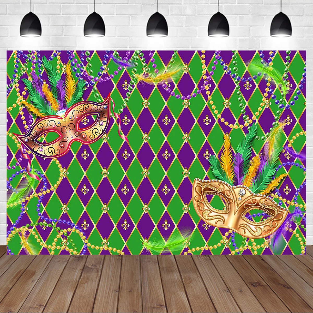 

Mardi Gras Festival Party Photography Background Banner Gold Mask Purple Green Checker Backdrop Adult Women Girl Custom Photo