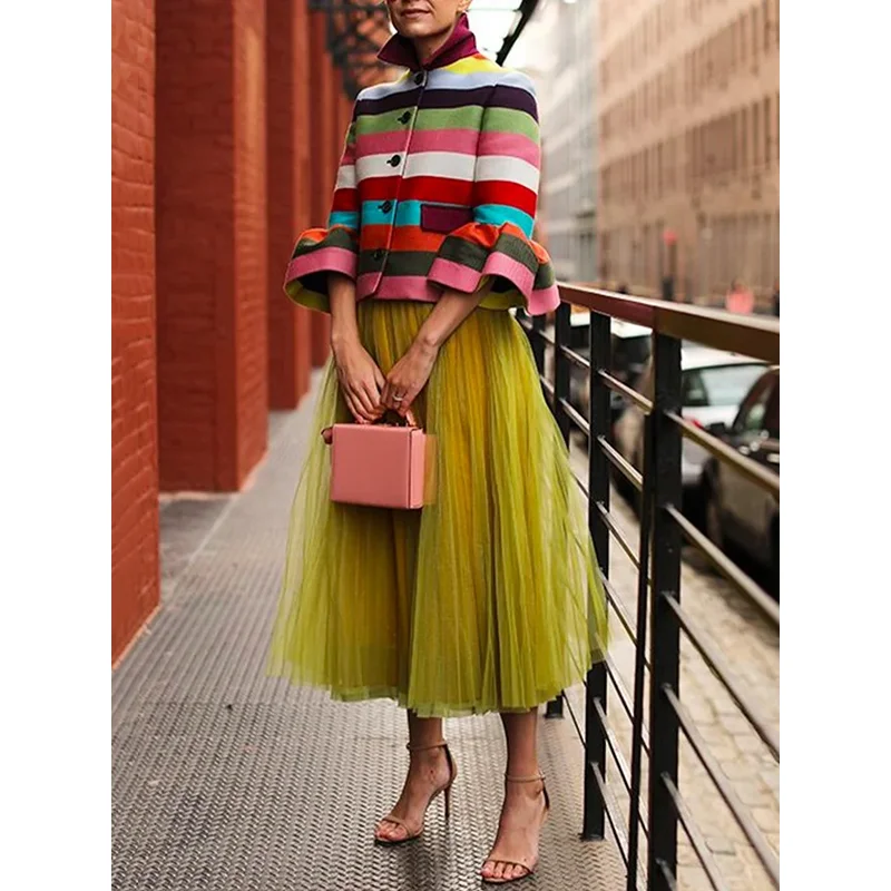 Freeacy 2023 Spring Summer Fashion Flared Sleeves Multi-Colored Striped Lapel Collar Jackets Elegant Party Outerwear For Women red handbag colored tassels ball dinner bag wedding party banquet bag dress evening handbag valentine s day gift