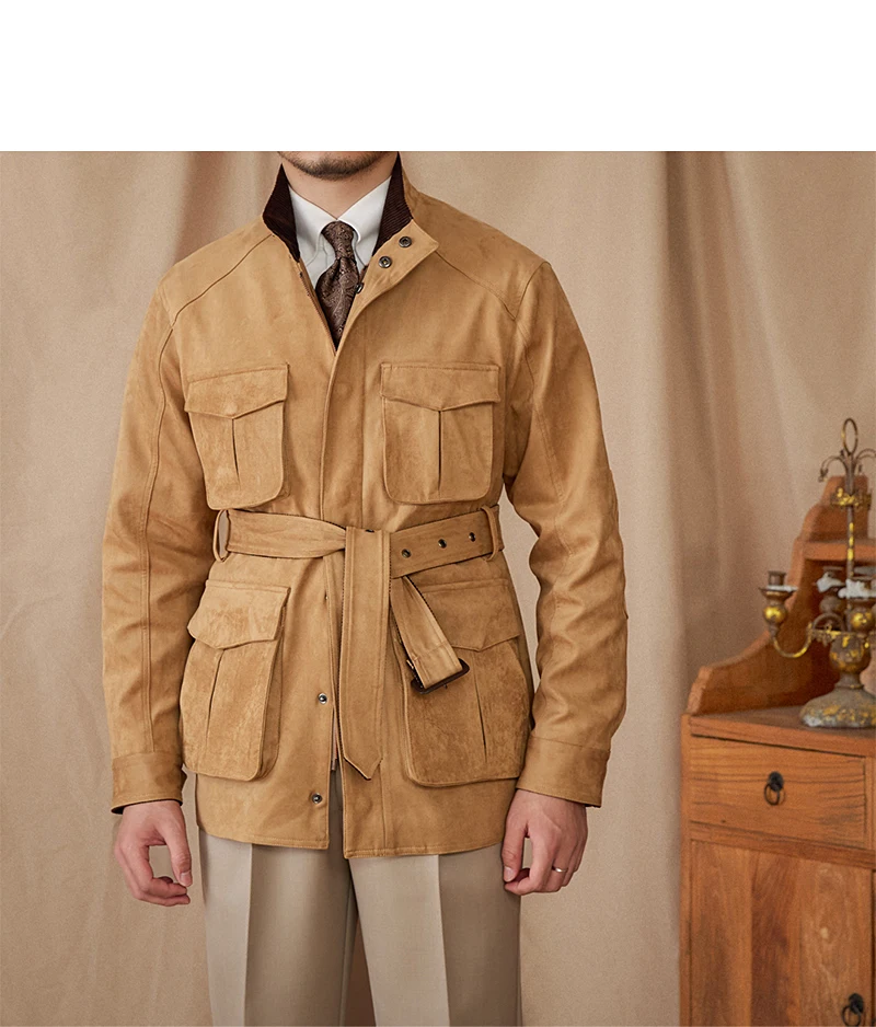 Gentry High-Style Wildleder-Jagdjacke, Gürtel, mehrere Taschen, warme, schmal geschnittene Freizeitjacke für Herren – Detail 32