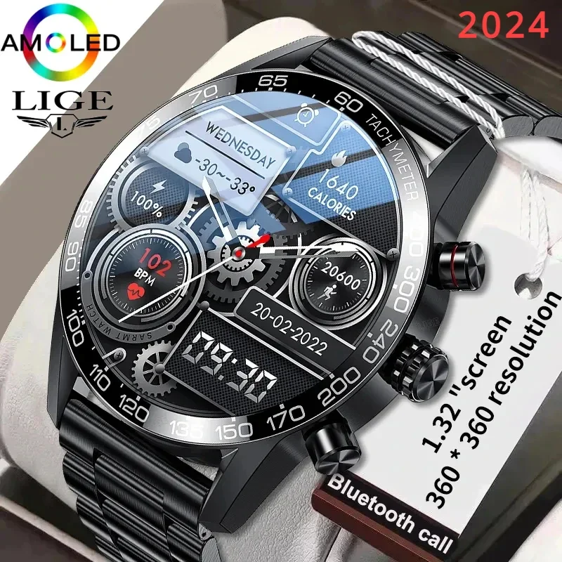 

2024 LIGE 360 AMOLED HD Screen Watch for Men Smart Watch Bluetooth Calling Smartwatch Fashion Business Clock New Smartband Man