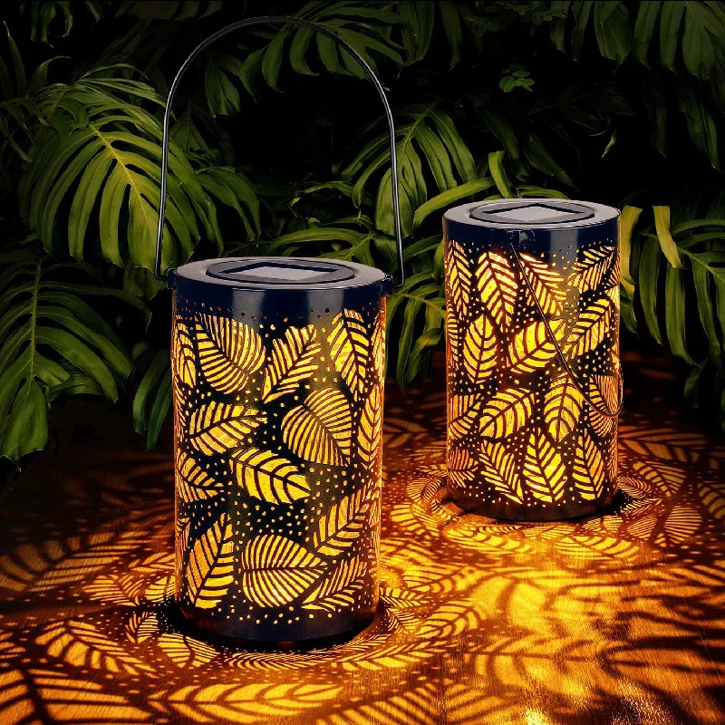 

New Strange Solar Iron Lantern Villa Garden Hollow Leaf Projection Lantern Outdoor Iron Hanging Lamp