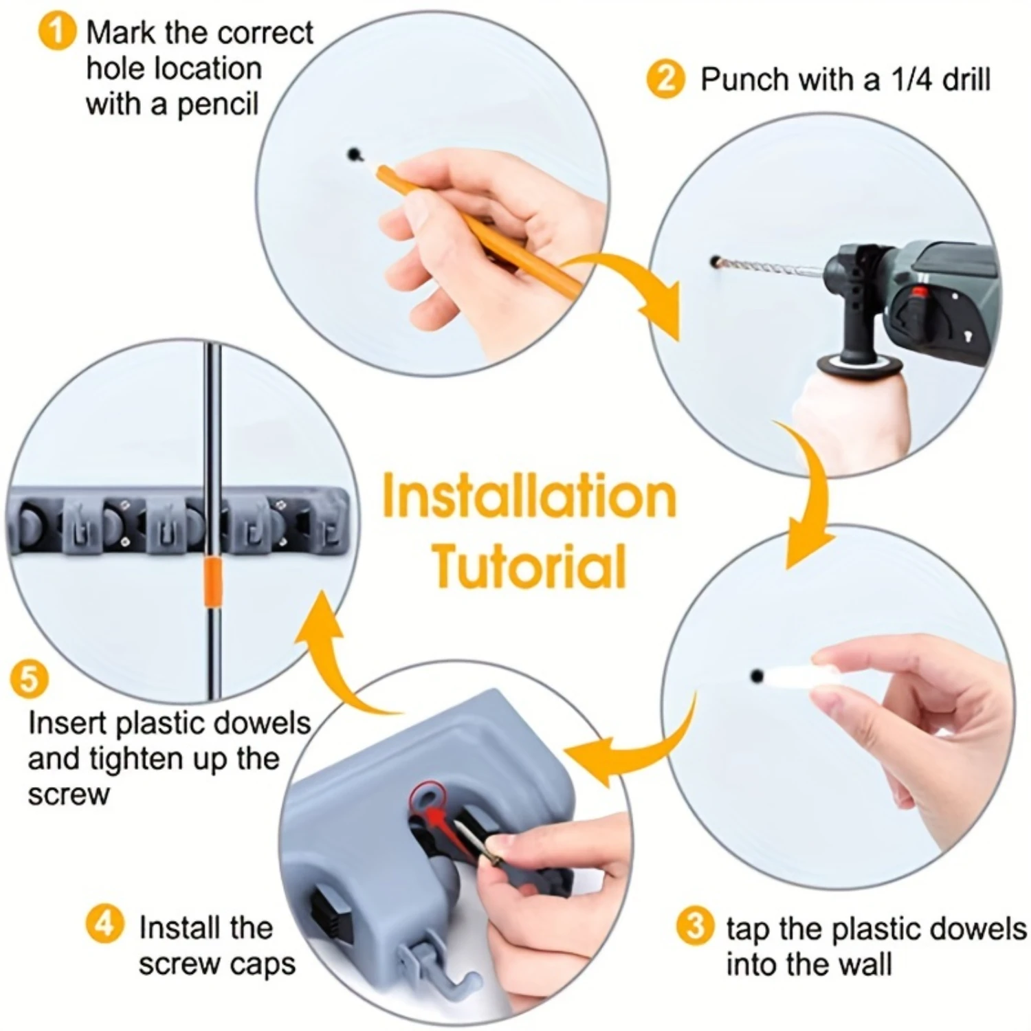 Mop Broom Holder Plastic Wall Mounted Row Clip Hook Wall Hanging Rack Hook Simple Punching Installation 1set