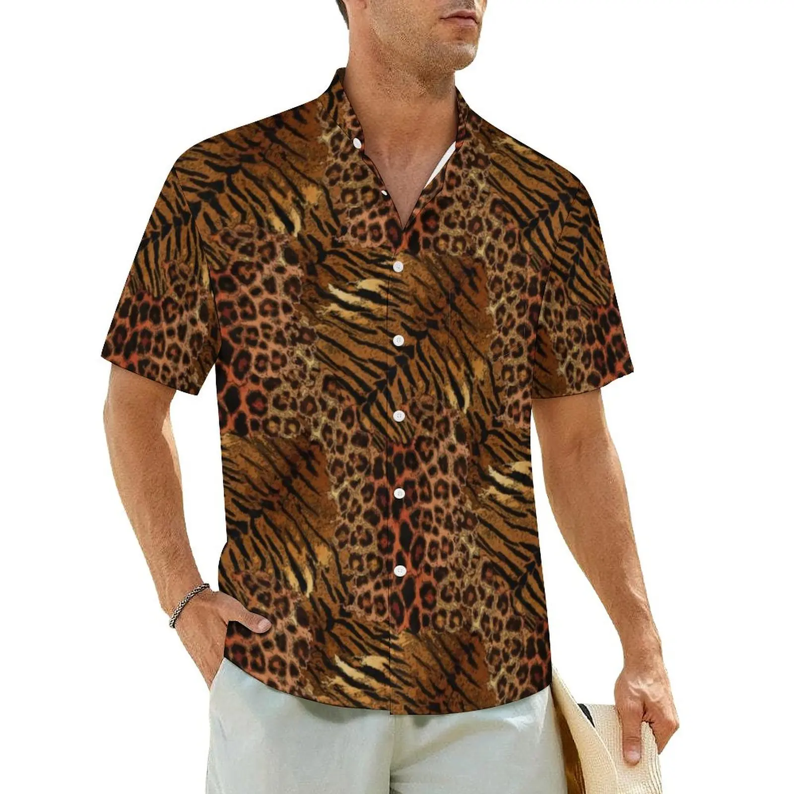 

Leopard Skin Print Vacation Shirt Trendy Spotted Striped Hawaii Casual Shirts Male Trendy Blouses Short Sleeve Y2K Fashion Top
