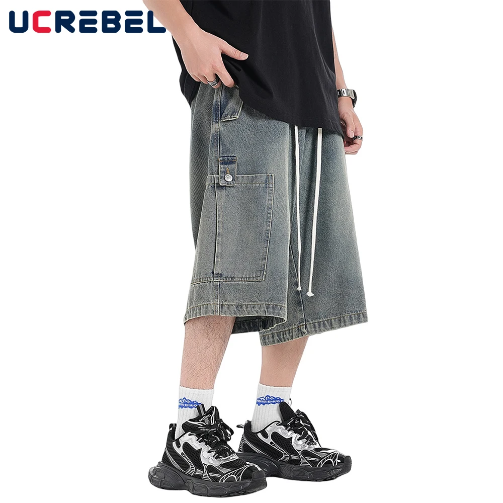 

Джинсы мужские короткие с карманами, потертые брюки из потертого денима, уличная одежда с широкими штанинами, эластичная талия, летние