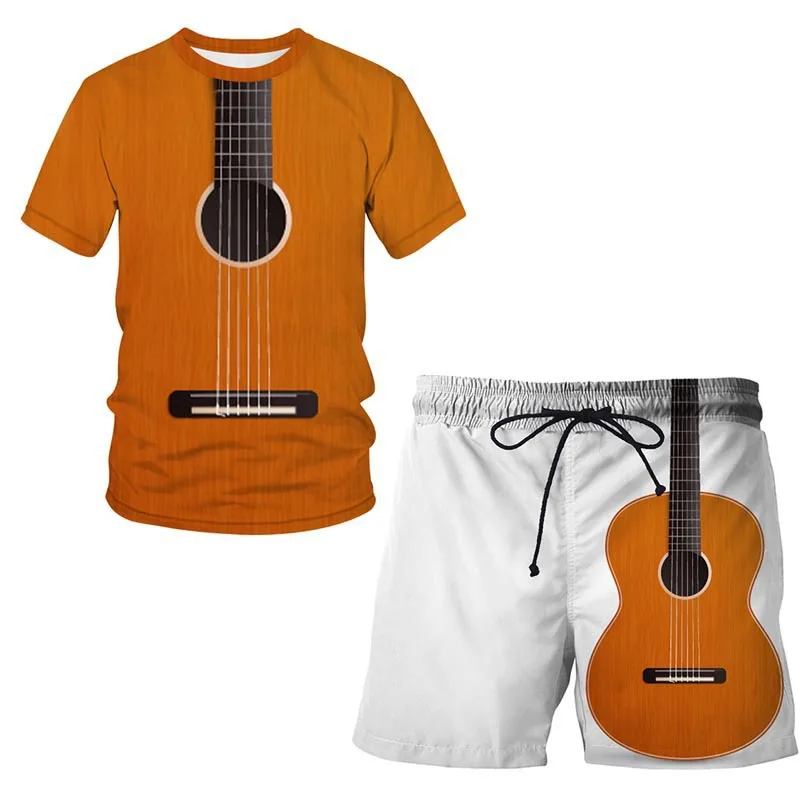 thumbnail image 1 of Conjunto de pantalones cortos de manga corta con estampado 3D y patrón de guitarra musical personalizado Conjunto holgado de 2 piezas para hombre, 1 of 5