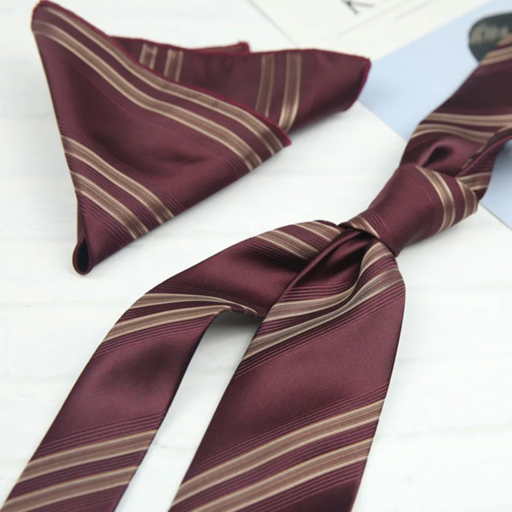 2pcs Neck Ties Set New Arrival Wine Red Striped Neckties Formal Business Khaki Dots Floral Pocket Square Wedding Shirt Cravat