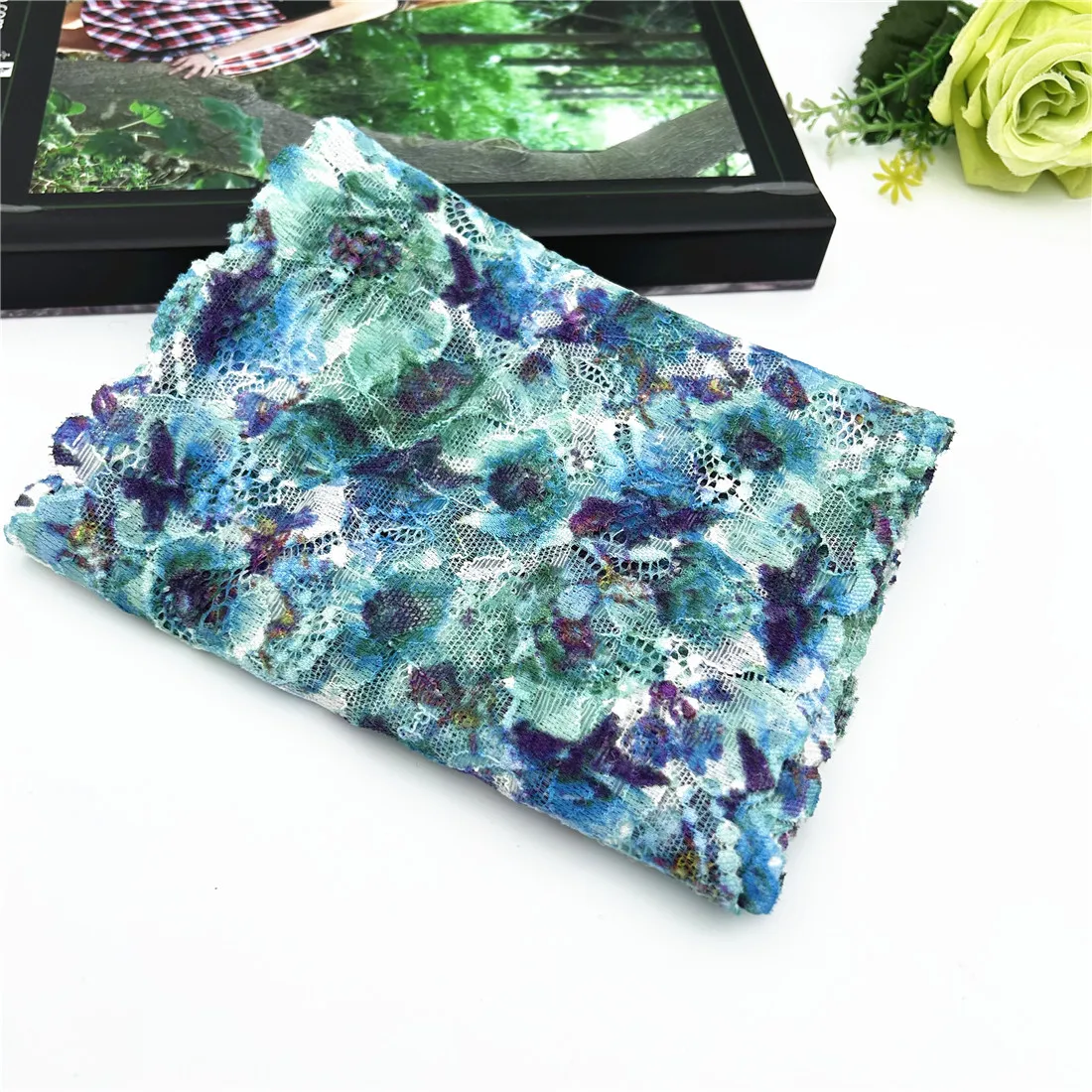 3y/lot Width18cm Blue Green Printed Elastic Stretch Lace Trim 2