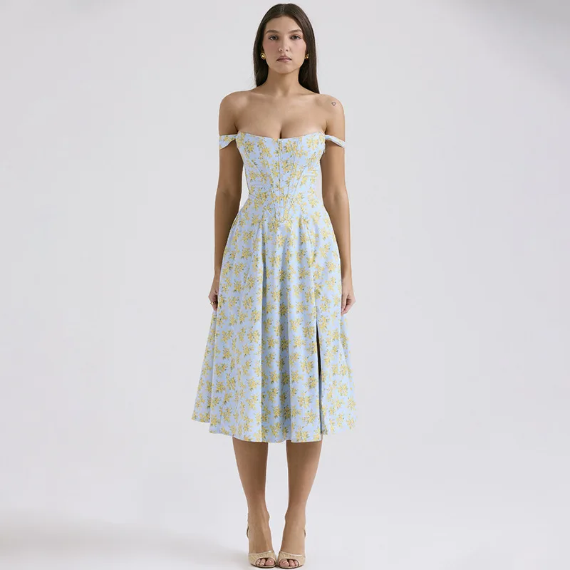 

Платье с цветочным принтом для женщин, платье с разрезом средней длины, с открытой спиной, из полиэстера, для лета, 2024