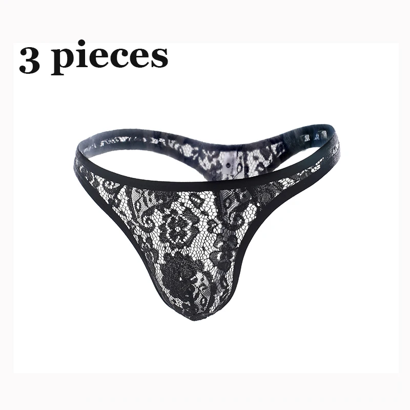 3 Pack Sexy Men Underwear Lace Thong Tanga hombre G String Pouch Transparent Underpants T-Back Lingerie Panties