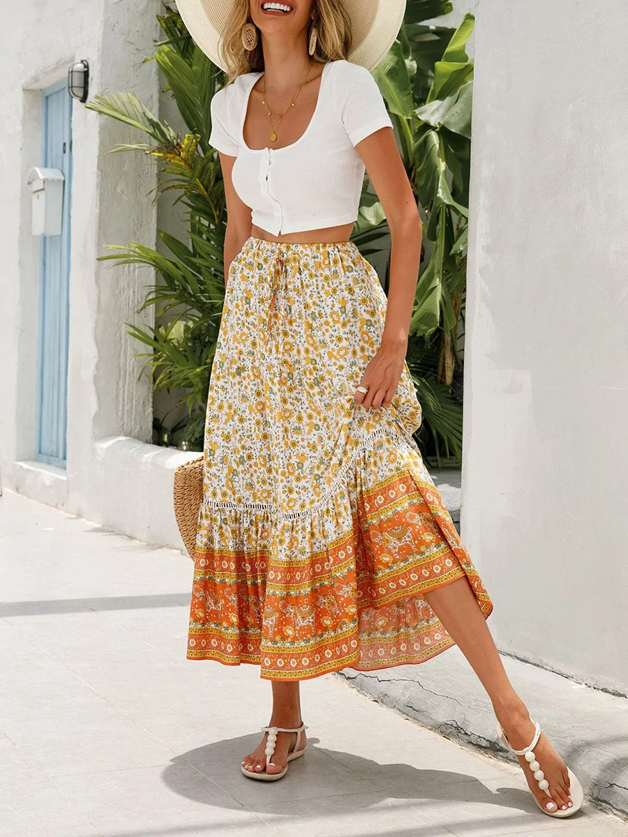 

Women Maxi Skirt High Waist A-line Skirt Summer Long Skirt Large Hem Floral Print Elastic for Beaches Club Streetwear