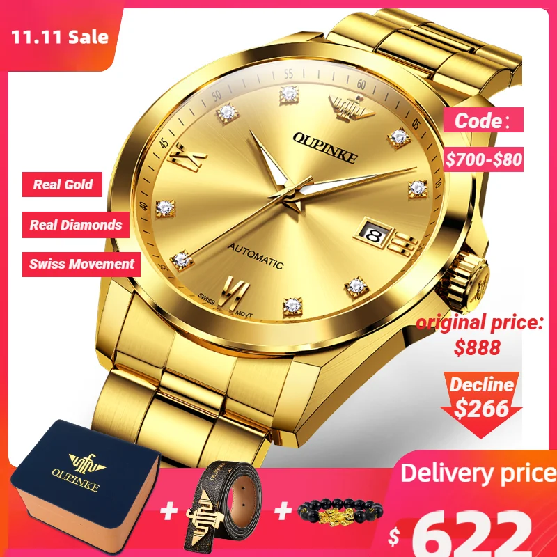 Swiss Original OUPINKE Automatic Mechanical Watch for Men Luxury Real Diamond Gold Watch Sapphire Mirror Business Wristwatches