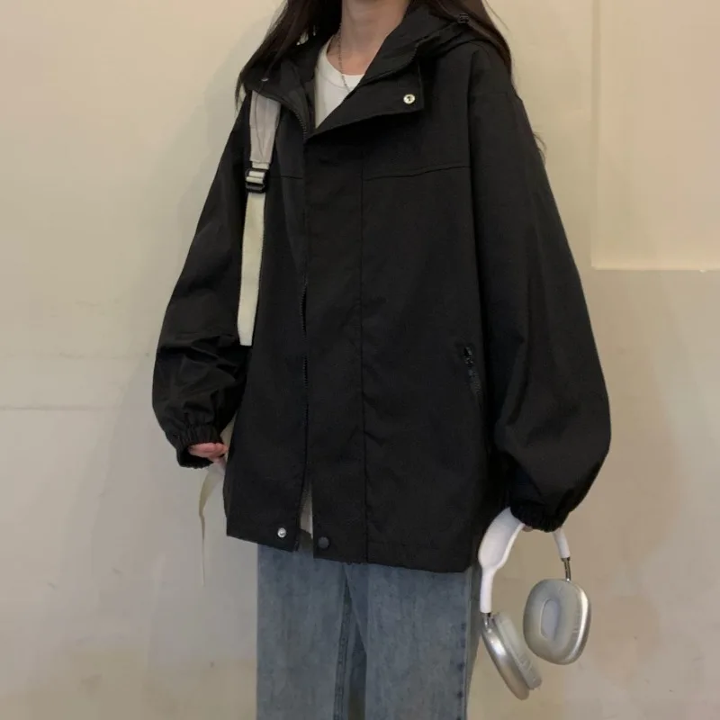 HOUZHOU Vintage Black Jacket Women Streetwear Oversize Fashion Windbreaker Hooded Zip-up Jackets Korean Autumn Clothes Harajuku