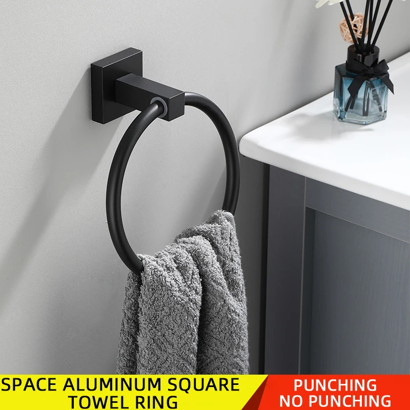 Bathroom Towel Ring Bathroom Towel Holder Black Towel Holder Wall Mount Self Adhesive No Punching Space Aluminum WB8719