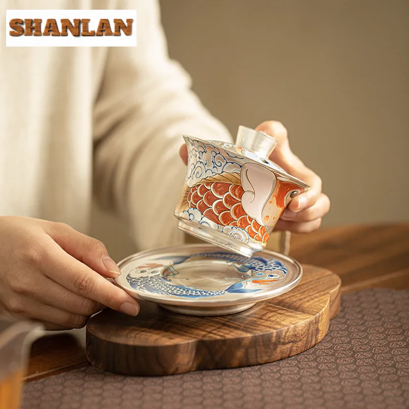 150ml Gilt Silver Sancai Gaiwan Creative Auspicious Dragon Cover Bowl Retro Tea Tureen Tea Maker Cafes Gift Chinese Ornaments