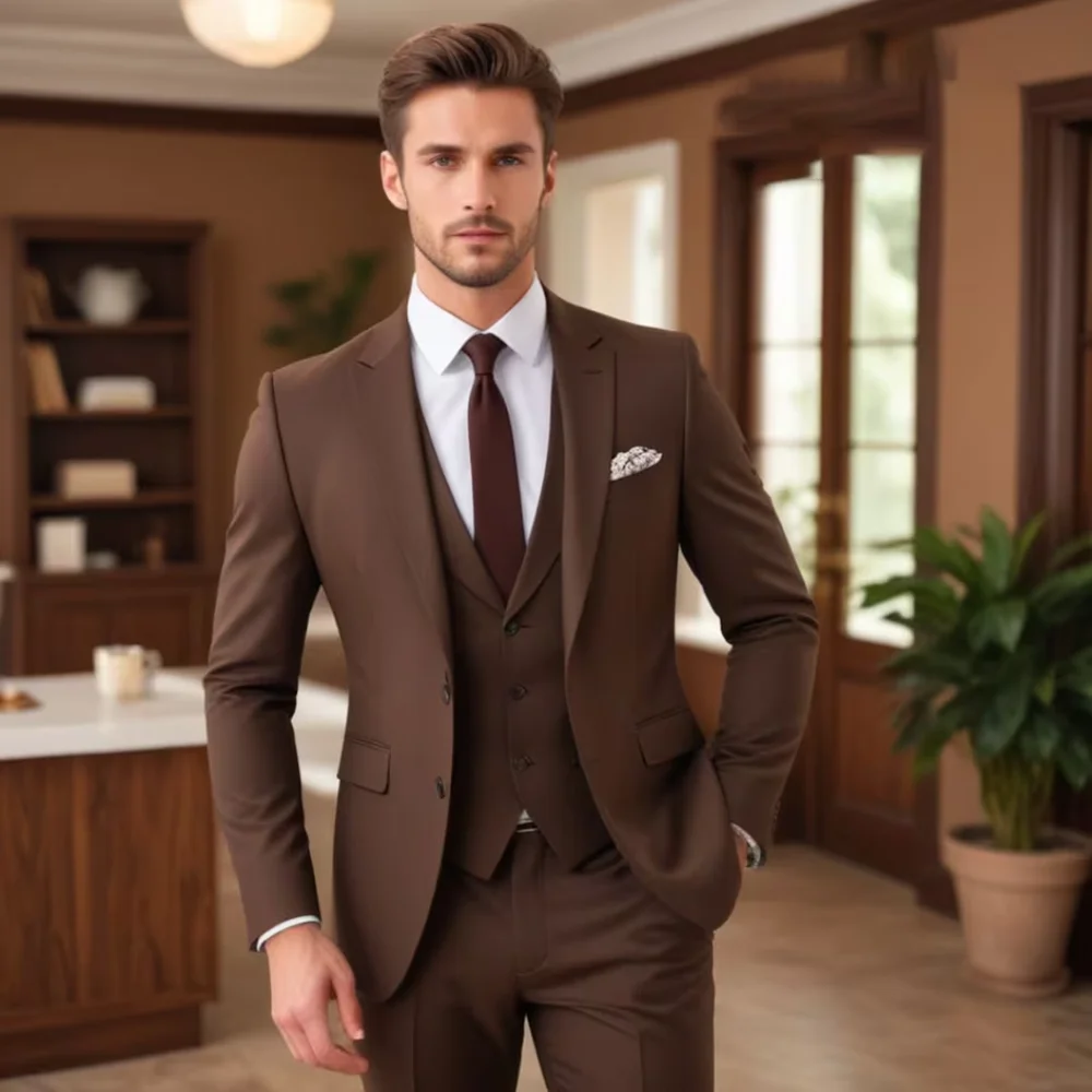 Dark Brown Suits for Men Fashion Single Breasted Solid Male Suit Fashion Business Casual Formal Wedding Party Tuxedo 3 Piece 2