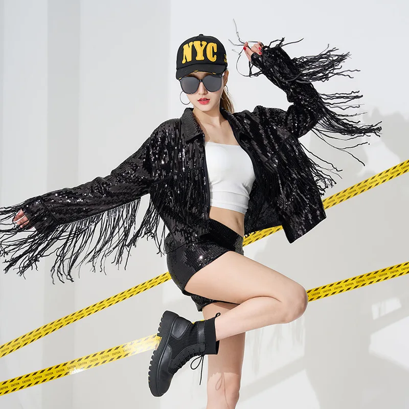 

Sequin Tassel Jacket for Women, Thin Jacket, Long Sleeve, Turndown Collar, Party Clothes, Solid Color
