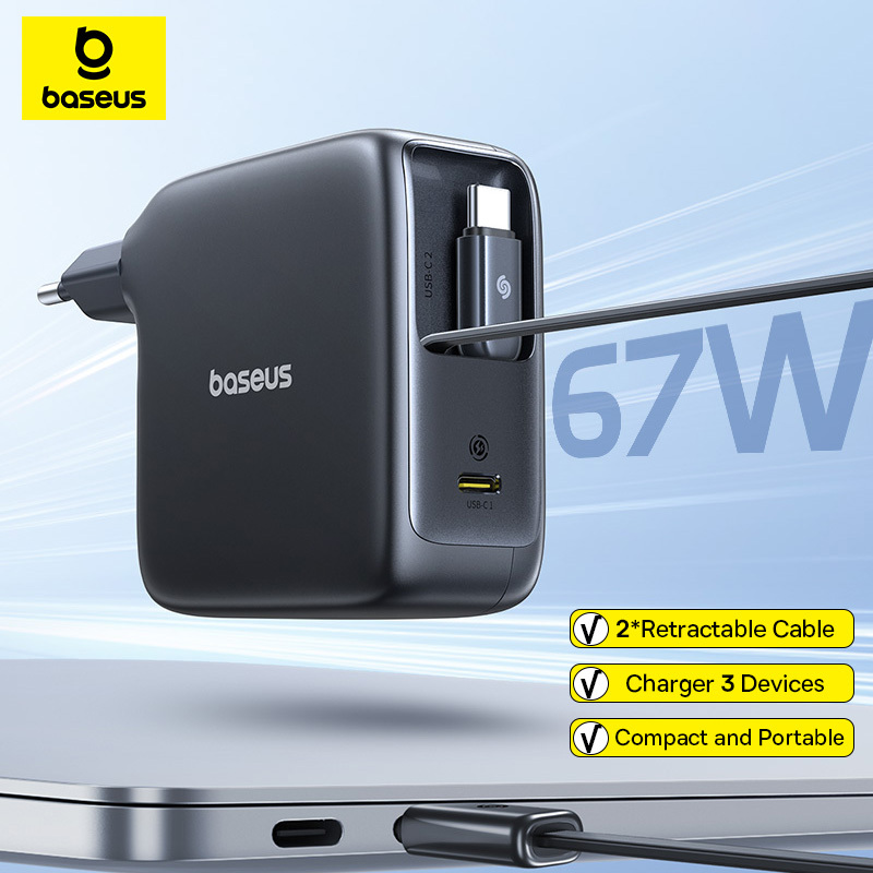  Baseus 67W GaN Charger With Dual Retractable Cable Fast Charger for iPhone Xiaomi Samsung Travel Charger Universal Phone Charger