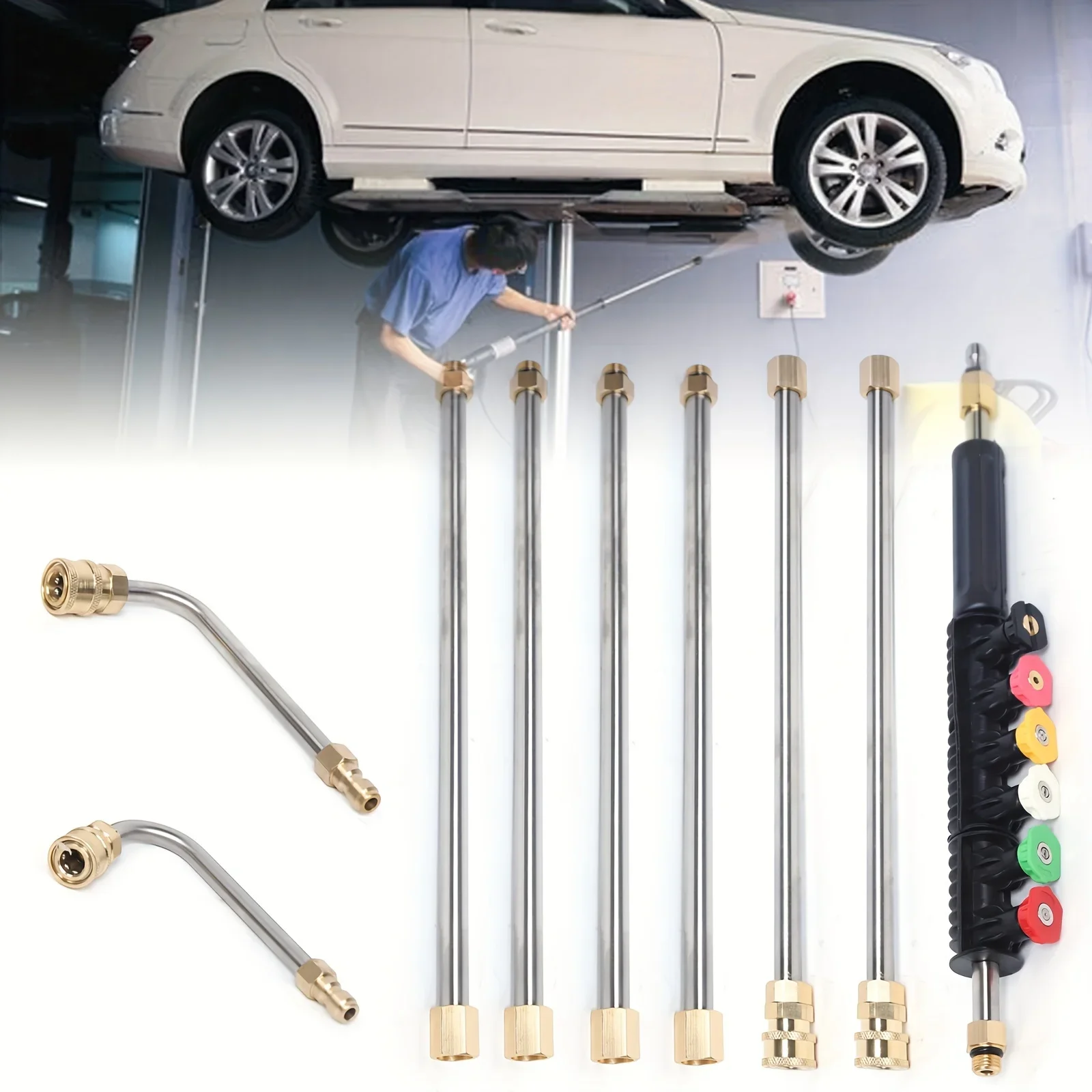 10 Pieces High Pressure Washer Cleaning Extension Pole, Power Washer Spray Gun with 6 Spray Heads, Ditch Cleaning Pipe Bender