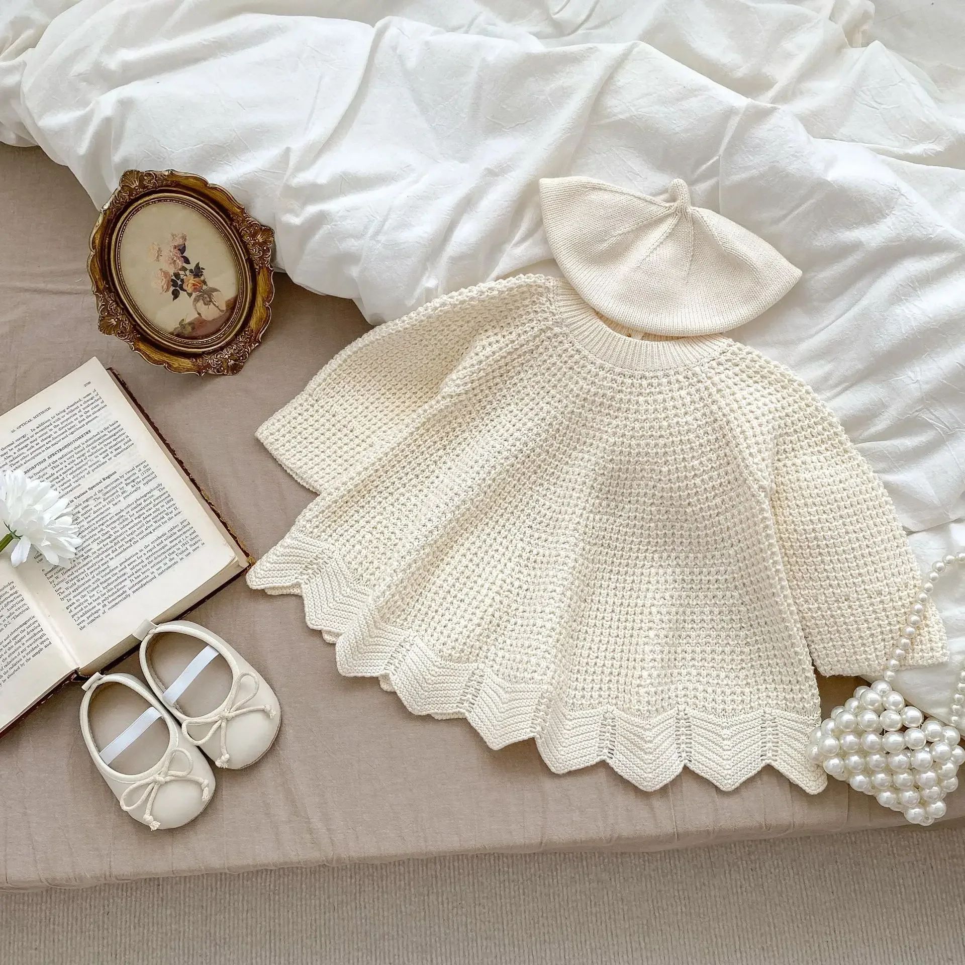 

2023 Autumn Girls' Baby New Knitted Shirt Solid Color Hollow-out Long Sleeve Sweater Doll Shirt