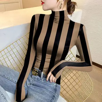 여성용 캐주얼 터틀넥 스트라이프 프린트 상의, 긴팔 풀오버 티셔츠, 슬림 오피스 레이디 패션, 용수철 및 가을, 2023