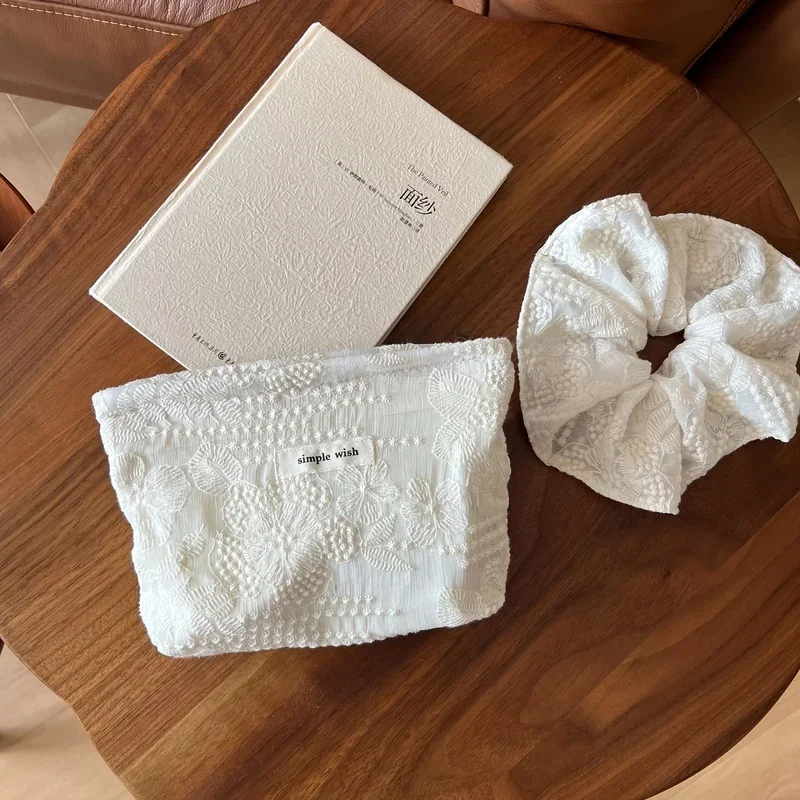 French Lace Makeup Bag, White Zippered Cosmetic Pouch w/ Lipstick Headphone Storage, Elegant Organizer Gift Her 2 Sizes