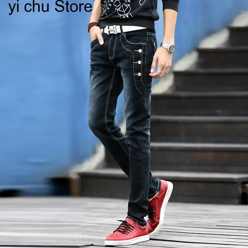 

New Jeans Men Young Fashion Trend Korean Style High Street Streetwear Skinny Slim Fit Button Denim Pant Male Trouser Black Blue