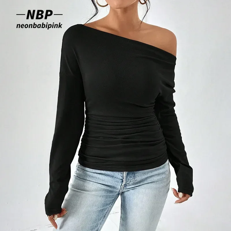 

Асимметричные топы NEONBABIPINK на одно плечо с длинным рукавом Базовые повседневные Простые футболки для женщин осенняя зимняя одежда женская