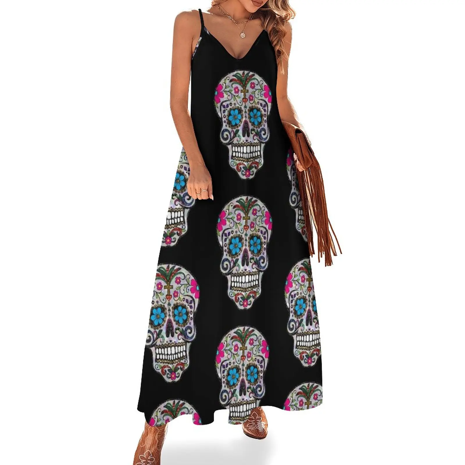 

sequin print Sugar Skulls Sleeveless Dress Dress for girls Female dress purple evening