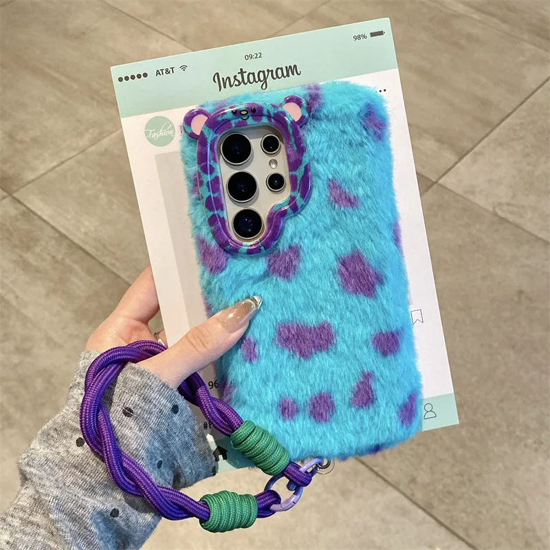 Leopard Print Plush Phone Case with Wrist Strap and Shockproof Cover