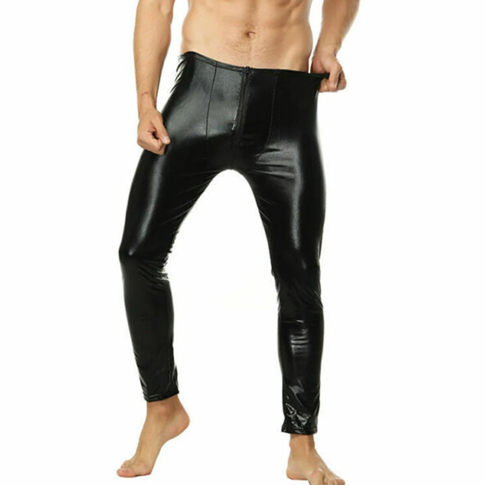 Mens Erotic Temptation Trousers Sexy U Convex Pouch Zip Open Trousers Tight Leggings Club Slim Stretch Wet Look PU Leather Pants