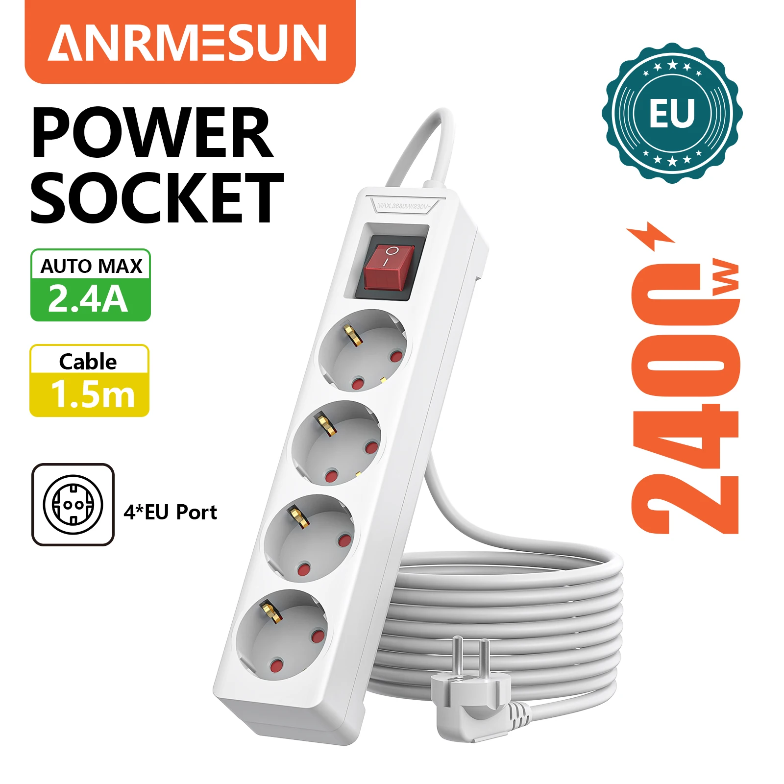 European Surge Protector Power Strip with Overload Protection - 4 Outlet Extension Cord