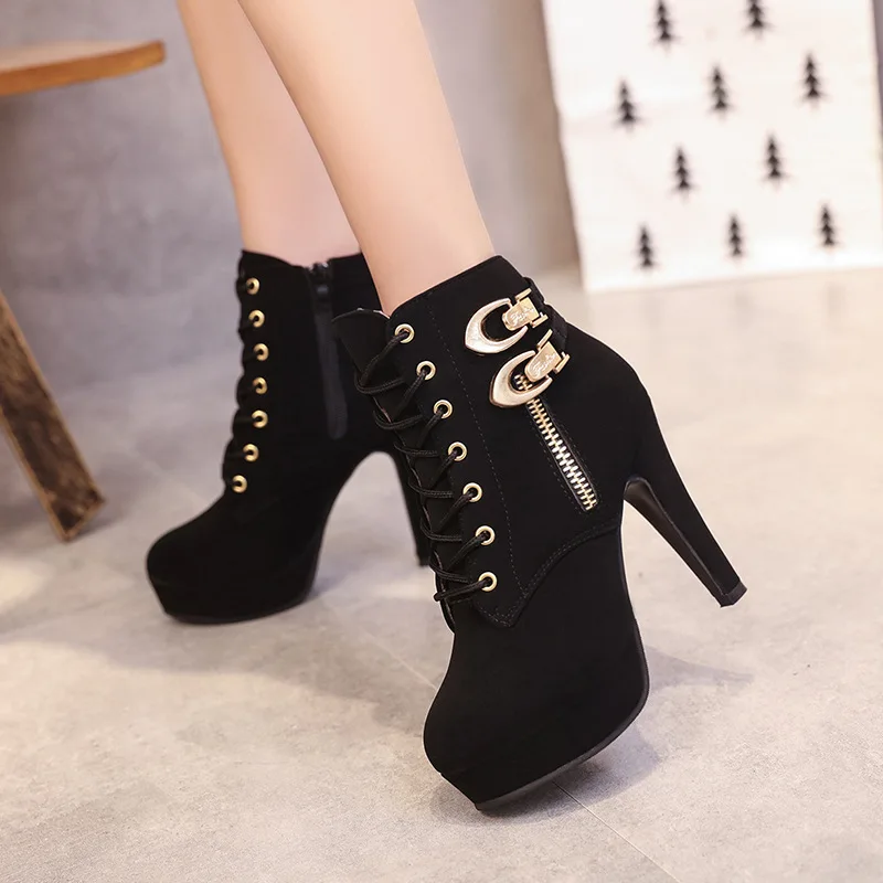 New Black Boots Women Shoes Women Fashion High Heel Lace-Up Ankle Boots Ladies Buckle Platform Artificial Leather Shoes boots